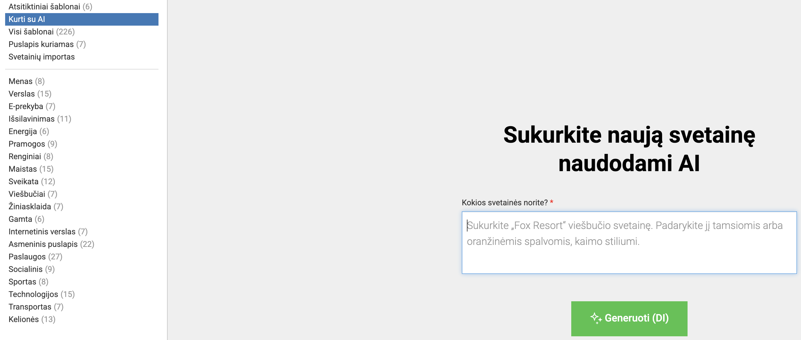Naujos svetainės kūrimo peržiūra naudojant DI
